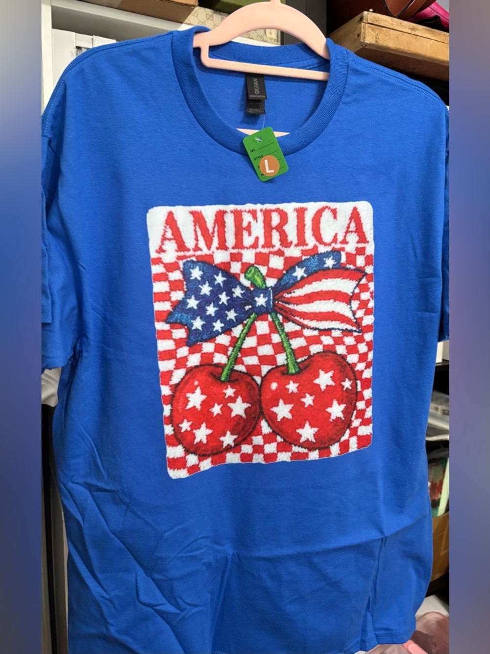 NEW Blue 'America' Cherry Graphic Tee size Large